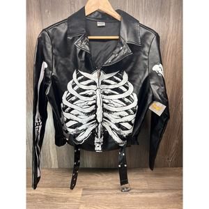 Spirit Women's Black Leather Biker Jacket With Skeleton Print Size Large - NWT